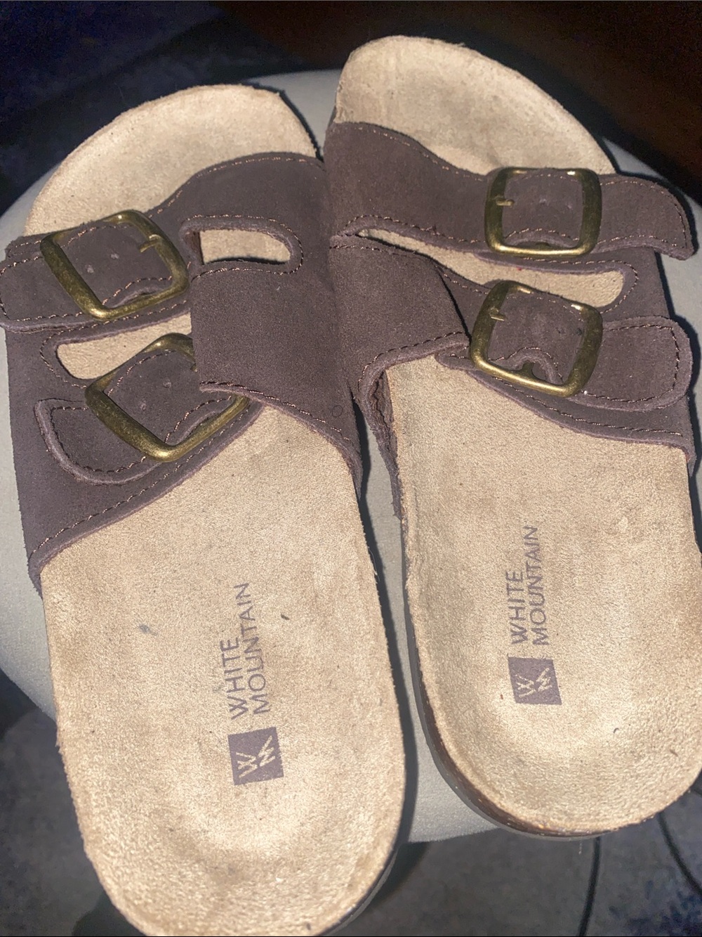 White Mountain Brown Suede Double-Buckle Slide Sandals with Gold Buckles